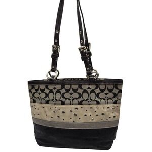 Coach Signature Tote Bag Purse Black Brown‎ Leather Accents Medium